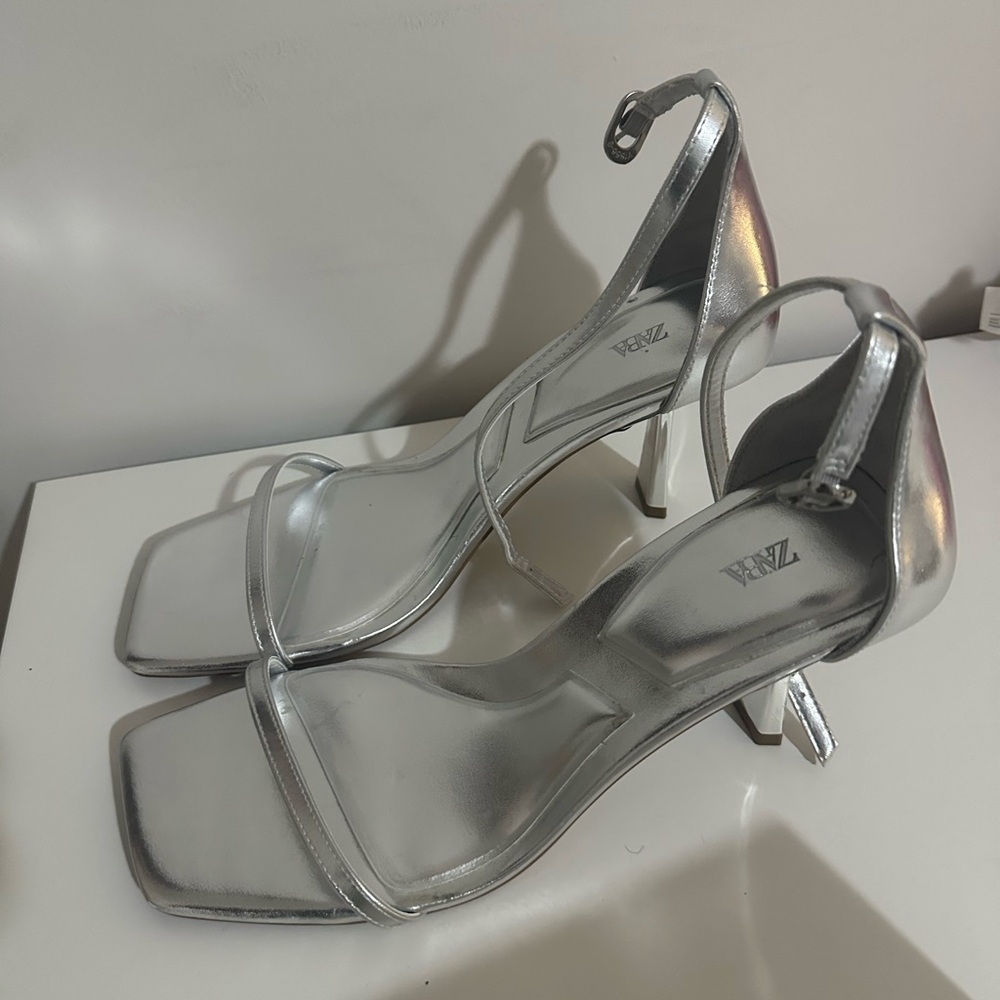 ZARA Silver Strappy Square-Toe Heels